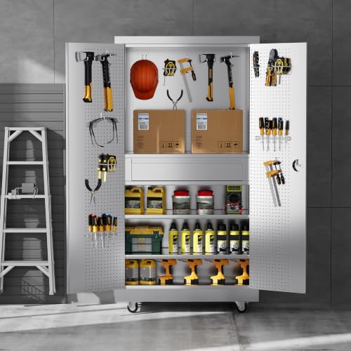 Image of 74 inch Full-assembled Stainless Steel Storage Cabinet with Pegboard and Drawer