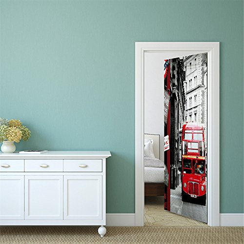 UFHFPF Sticker Porte Effet 3D - Autocollant De Porte Trompe L'Œil - 77X200CM - Bus Rouge De La Ville De Londres Mural Papier Peint - Amovible Muraux Stickers -Chambre...
