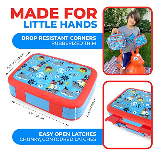 Image of Bento Box with Insulated Lunch Bag, Ice Pack & Water Bottle Set for Kids - 5 Compartments Removable Tray Lunches or Snack Container Boys Toddlers Daycare Pre-School, Blue Pirates