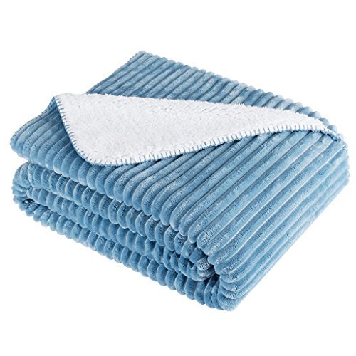 LANGRIA Soft Chunky Ribbed Flannel Blanket Super Warm and Cozy Lightweight Reversible Sherpa Throw Blanket with Rib Stripes Machine Washable for Sofa Couch Bed Winter Blanket (Twin Size 60x80”, Blue)