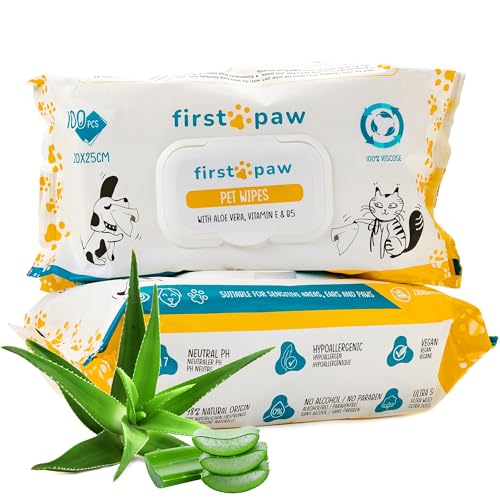 FIRSTPAW Pflegetücher Hund, 100 stuck, XXL Reinigungstücher Hund, Extra große Hyppoalergene Feuchttücher Hund mit Aloe Vera, Biologisch abbaubare Pflegetücher Hund für Augen, Ohren und Pfoten reinigen