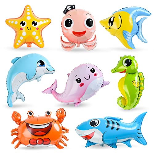8 Pièces Marine Animal en Aluminium - Géant Poisson Ballon XXL sur Thème de l'Océan - Octopus, Crab, Starfish pour Fête Anniversaire Enfants