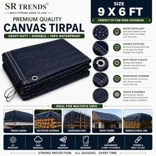 Image of 1200 GSM Heavy Duty Canvas Tarpaulin | 100% Waterproof Resistance, UV Resistant, Tear Proof Tarp with Reinforced Edges & Eyelets for Truck, Outdoor, Construction (Blue, 9 X 6 FT)
