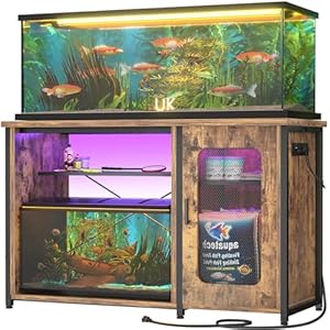 Unikito 55-75 Gallon Aquarium Stand with Power Outlets & LED Light, Reversible Fish Tank Stand with Cabinet for Fish Tank Accessories Storage, Heavy Duty Metal Frame, 880LBS Capacity, Rustic Brown