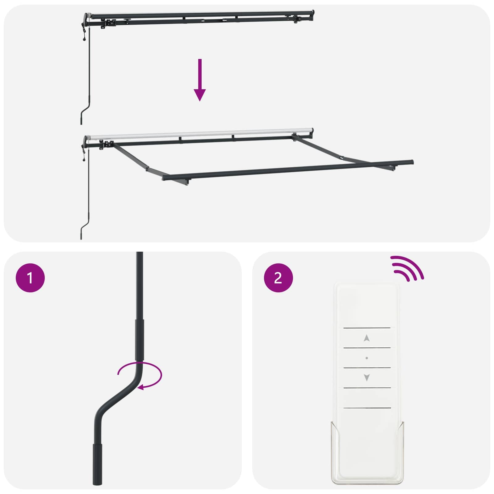 Toldo retráctil de 250 x 200 cm con brazo articulado con mando a distancia, toldo para terraza y balcón, marco de aluminio estable en blanco, tela a rayas en azul