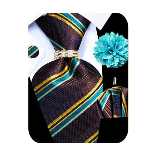 Image of 5PCS Mens Silk Designer Tie, Pocket Square, Cufflinks, Drilled Tie Ring and Lapel Pin Set for Wedding Groom Party