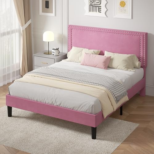 Image of VECELO Queen Size Upholstered Bed Frame with 4 Storage Drawers, Adjustable Velvet Rivet Decor Headboard, Wooden Slats Platform Support, No Box Spring Needed, Easy Assembly,Pink