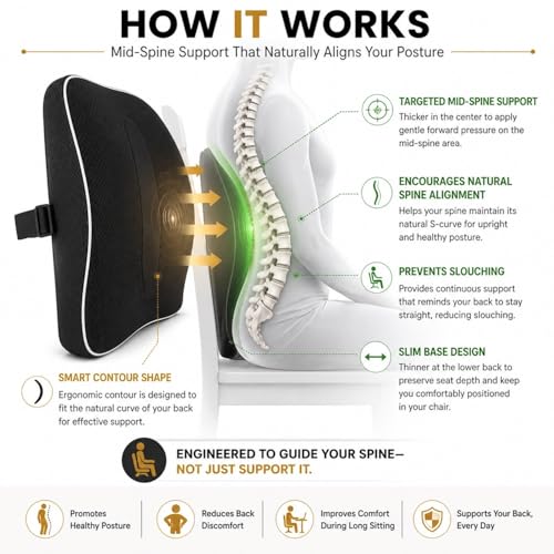 Image of Grin Health Posture-Correcting Backrest Cushion for Office Chair | Mid-Spine Support for Upright Sitting | High-Density Memory Foam | Orthopedic Back Support for Back Pain Relief, Black