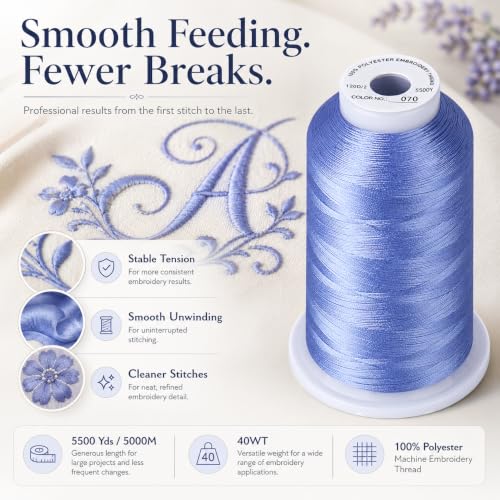 Image of Simthread 5000M 40WT Polyester Embroidery Thread, Corn Flower Blue 070 | 5000M 40WT polyester thread feeds smoothly for machine embroidery, monograms, logos, patches and quilting.