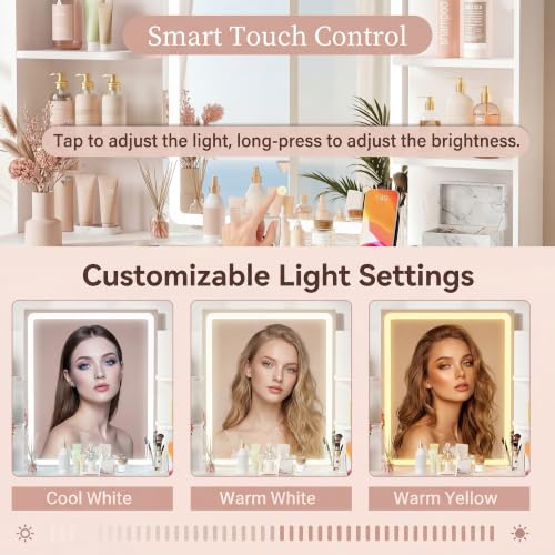 Image of YESHOMY 35.4 inch Vanity Desk with LED Mirror and Lights,Makeup Vanity with 2 Storgae Drawers, 2 Side Shelves, and Open Storage Shelves, 3 Color Modes, for Bedroom, Snow White