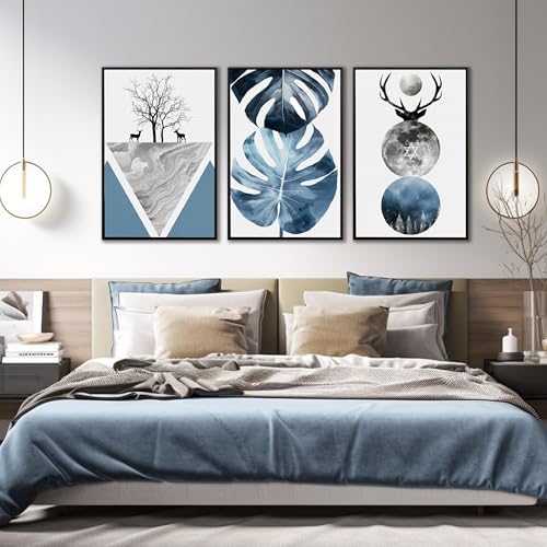 Image of Boho Canvas Wall Art Set of 3 with Black Frame, Abstract Minimalismt Bohemian Deer & Tropical Leaf Pictures Prints Artwork Paintings Wall Decor for Bedroom Living Room Home Decoration 24x36 inches