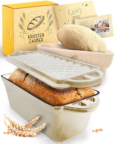 KRUSTENZAUBER Emaille Brotbackfrom mit Deckel inkl. Gärkorb - Robuste 28cm Backform aus Gusseisen - Ideal als Kastenform, Toastbrot Backform, Brotform, Gusseisen Topf Brot backen Zubehör, Brottopf