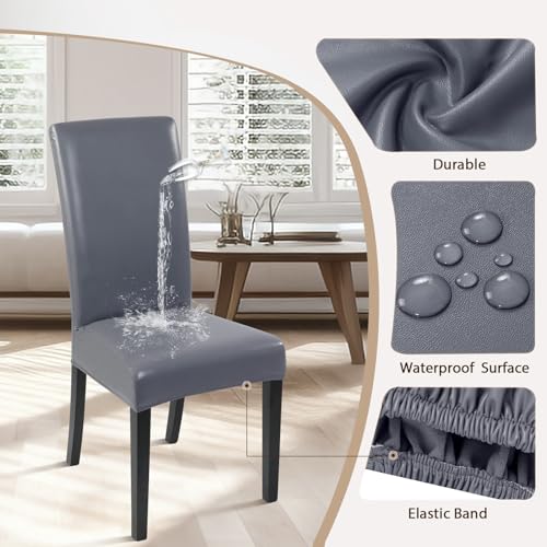 Image of SearchI Waterproof PU Leather Dining Chair Covers Stretch, Set of 4, Gray