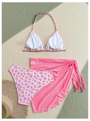 OYOANGLE Girl's 3 Piece Swimsuits Floral Print Halter Triangle Cute Bikini Sets with Sheer Cover Up Skirt2