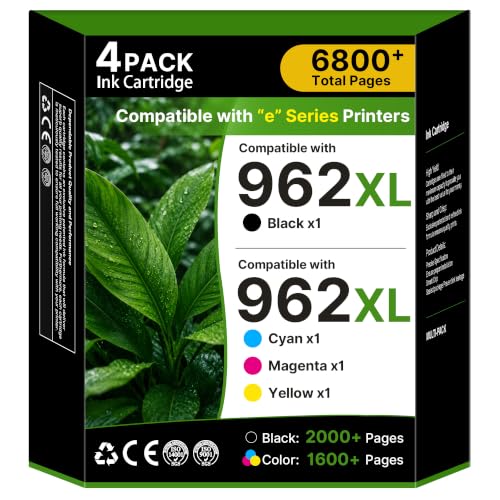 Image of 962XL Ink Cartridges Combo Pack Replacement for HP 962 Ink, 4-Pack | High Yield, for HP Officejet Pro 9015e,9010,9015,9018,9025e,9025,9012 Printers, Black,Cyan,Magenta,Yellow, for hp 962xl