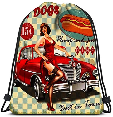 EU Mochilas con cordón Bolsas Hot Dog Vintage Pin Up Girl y Retro Car Bolsas de Hombro portátiles Travel Sport Gym Bag 36 x 43cm / 14.2 x 16.9 Pulgadas