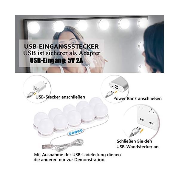 QYH Led Spiegelleuchte,10 Dimmbar Schminklicht,Make Up Licht,Spiegellampe,USB-Kabel Schminklampe für Schminktisch… – Bild 5