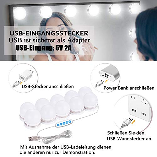 QYH Led Spiegelleuchte,10 Dimmbar Schminklicht,Make Up Licht,Spiegellampe,USB-Kabel Schminklampe für Schminktisch… – Bild 5