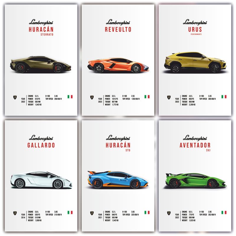 Image of POSTERONN Lambo Wall Posters Pack of 6 A4 8x12 Inch | Premium Sports Car Prints | Luxury Car Wall Art for Bedroom Living Room Office Garage | Automotive Decor with Glue Dots