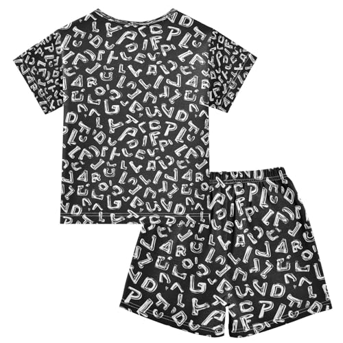 ALAZA Alphabet Black White Pajamas Set Short Sleeve Cotton Sleepwear Summer Pjs 2 Piece 5-14Y2