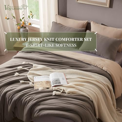 Image of Full Size Comforter Set, Comforters Full Size Luxury Ultra-Soft Jersey Knit Bedding Set, Cocoa /Sand Lightweight Down Alternative Bed Comforter for All Season, 3 Piece Bedding Set