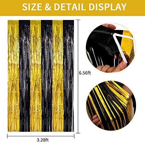 Image of TONIFUL 2Pcs Black Gold Door Streamers,Photo Booth Backdrop Metallic Streamers Foil Fringe Curtains for Birthday,Christmas,New Year,Bachelorette,Grad Party Streamers Decor(6.6ft x 6.6ft)