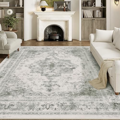 Area Rug 5x7 Washable Gray Rug Vintage Boho Medallion Large Grey Distressed Retro Carpet for Living Room Non Slip Indoor Low Pile Small Soft Bedroom Dining Room Home Office