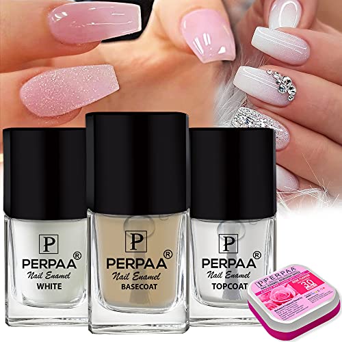 PERPAA® Trendy Quick-drying, Long-Lasting Gel Based Nail Care Combo of Base Coat ,Top Coat and White Nail polish(5ml Each) With FREE Nail Wipes