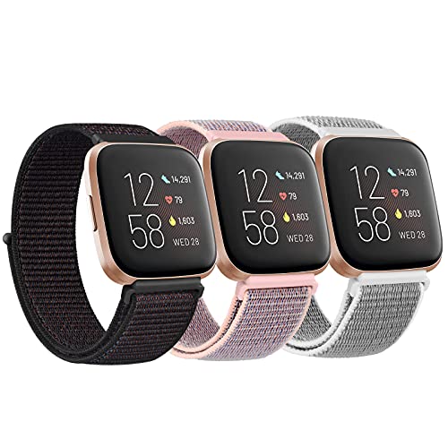 3 Pack Nylon Bands Compatible with Fitbit Versa 2 / Fitbit Versa/Versa Lite/Versa SE, Soft Breathable Sport Replacement Wristbands for Fitbit Versa Smart Watch (Black Sand/Pink Sand/Seashell)