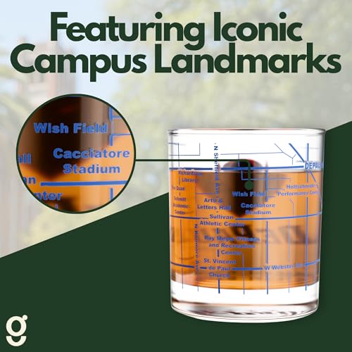Image of Greenline Goods DePaul University Blue Demons Whiskey Glasses Set of 2, 10 oz Rocks Glasses with Full-Color Logo & Campus Map - Officially Licensed Bourbon Glass Gift for Alumni & Fans