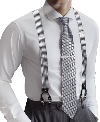 Image of Barry.Wang Men Suspender Set with Necktie Elastic Y Type Heavy Duty 6 Clips Braces Tie Handkerchief Cufflink Pin 6PCS
