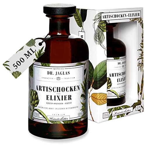 Dr. Jaglas Artischocken Elixier Kräuterlikör | Artischockenblätter Kräuterbitter Artischocke | Bitter Schnaps Spirituose aus Berlin | Alkohol Kräuter Likör Kräuterschnaps 35% Vol. | 500ml Flasche Cover