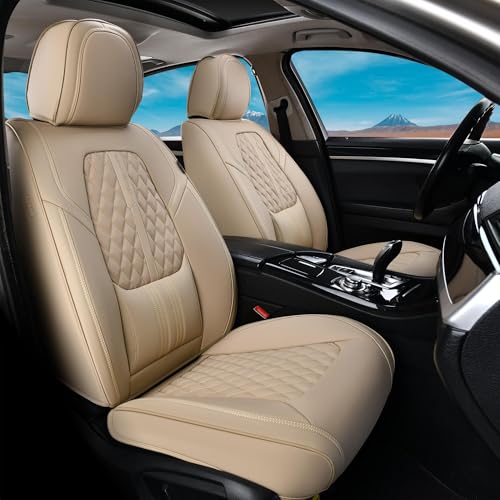 Image of Coverado Car Seat Covers Full Set, Automotive Front and Rear Seat Covers with Backrest, Nappa Leather Car Seat Protectors Waterproof, Universal for Most Vehicles,Beige