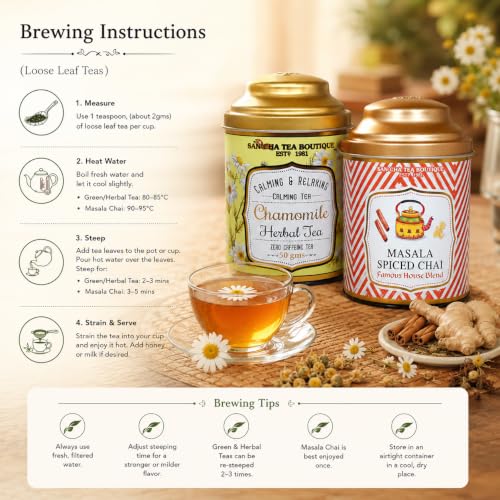 Image of Sancha Tea Boutique, Tea Combo Pack: Chamomile Herbal (50g), Caffeine Free Herbal Tisane & Masala Chai (100g), Loose Leaves, Real Masala Tea