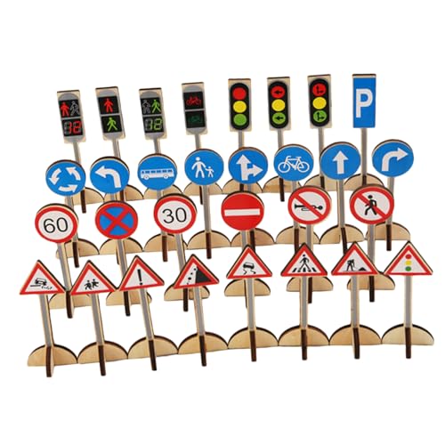 Image of CVUTOVO Wooden Traffic Sign Toy Set for Kids with Realistic Colours and Strong Materials, 30pcs Road Sign Models for Vehicle Traffic Scene Pretend Play and Early Childhood Cognitive