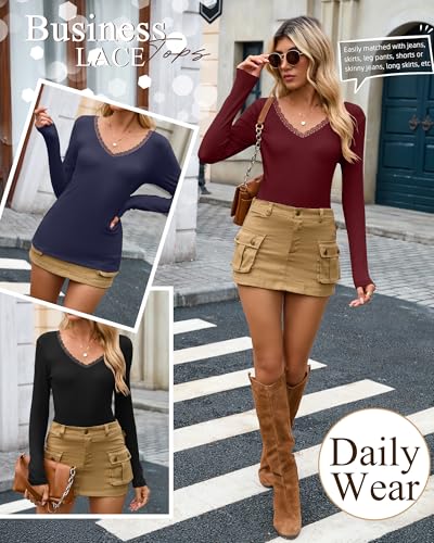 3 Pack Women's Long Sleeve Shirts, Cotton Knit T-Shirts Deep V Neck Lace Tees Slim Fit Tops Ribbed Y2k Blouses4