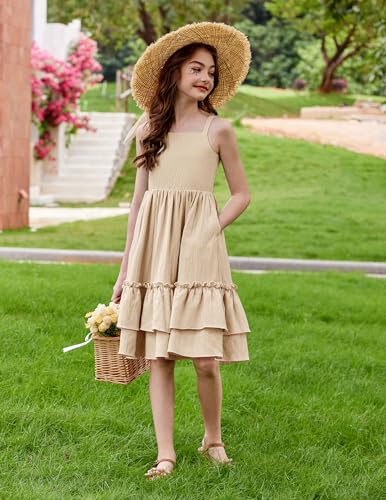 Image of Arshiner Girls Cami Summer Dress Boho Sleeveless Casual Sundress with Pockets for 4-12 Y