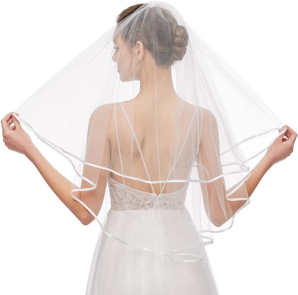 Nanchor Bridal Veil Women's Simple Tulle Short Wedding Veil Ribbon Edge with Comb for Wedding Bachelorette Party (White) …