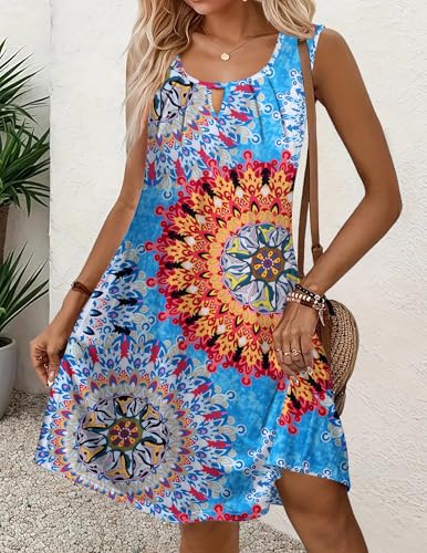 Image of Zeagoo Womens Casual Summer Dresses 2025 Boho Sleeveless Sundresses with Pockets Pleated Beach Floral T Shirt Dresses