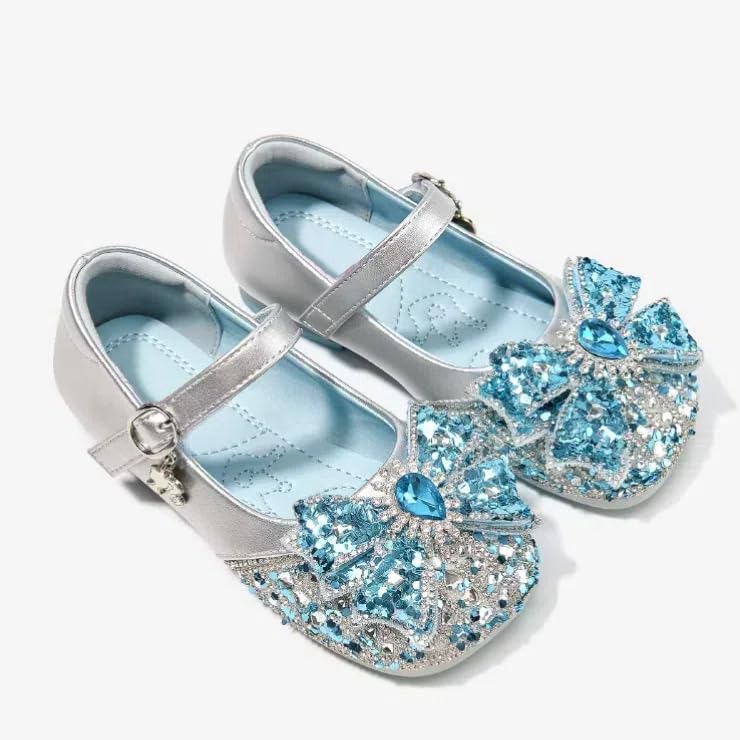 Girls Princess Mary Jane Shoes, Silver and Blue Crystal Bow Design, Sparkly Dress Flats3