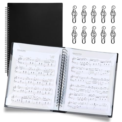 VGECEE Carpeta de Partituras Musicales 20 Hojas/40 Páginas Carpetade Anillas para Partituras Negra Presentación A4 Carpeta Espiral para Notas de Piano/Guitarra/Violín + 10 Clips de Notas Musicales