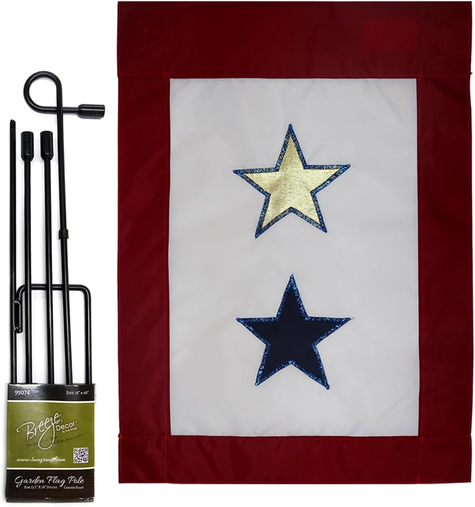 Gold and Blue Star Service Garden Flag Stand Kit Wall Hanging Decor for Home Stake Patio Post Embroidered Military Decorations Welcome Yard Sign Applique Tapestry Sewing Handcraft Gifts for Grandma