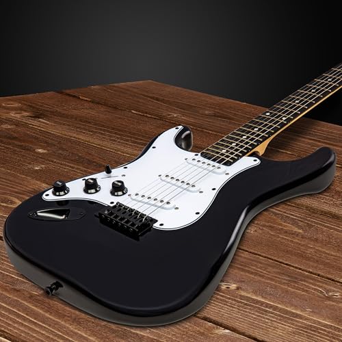 Image of LyxPro Left Hand 39 Inch Electric Guitar and Starter Kit for Lefty Full Size Beginner's Guitar, Amp, Six Strings, Two Picks, Shoulder Strap, Digital Clip On Tuner, Cable and Soft Case - Black