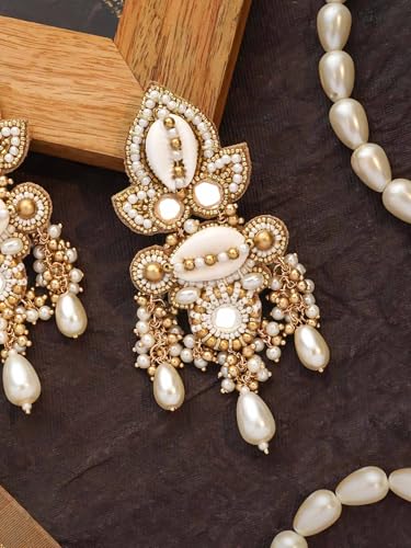 Image of SANJOYA by EVERSTYLISH Embroidered Earrings for Women | Shell, Beads & Pearl Drop Statement Dangler Earrings | Ethnic Jewelry for Weddings, Festivals & Special Occasions
