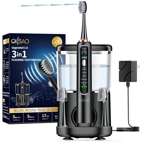 Electric Toothbrush with Water Flosser Combo 3-in-1 Sonic Flossing Toothbrush and Dental Water Flosser for Teeth Cleaning Gum Care Braces Bridges Adults 5 Brush Modes 500ML Black