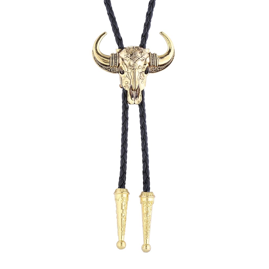 GelConnie Longhorn Bull Bolo Tie for Men Native American Western Cowboy Leather Necktie Bolo Necklace for Women Gold Texas