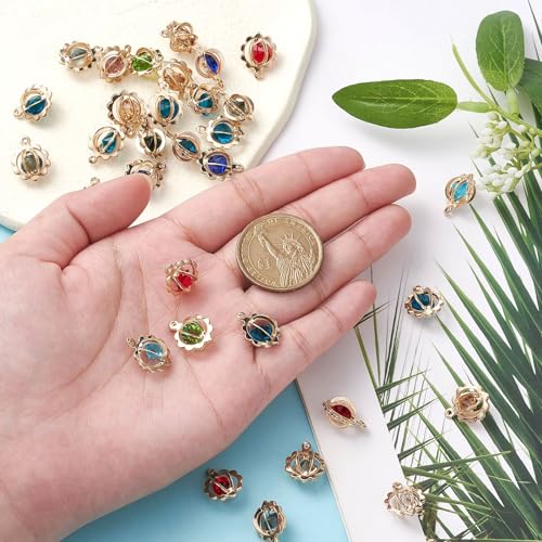 Stiesy 50Pcs Mixed Colour Rhinestones Charms Lantern Small Cages Pendant Charm with Round Faceted Glass Bead Charms for Jewellery Making DIY Bracelet Crafting - Image 3