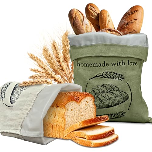 Linen Reusable Bread Bags for Homemade Bread & Sourdough - 2 Pack Breads Bags - 15x12 Inch - Perfect for Baking, Proofing & Fresh Storage - Breads Storage Solution (Green and white)