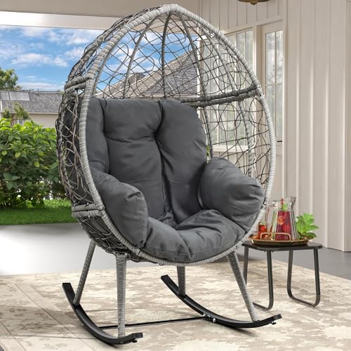 DWVO Wicker Rocking Egg Chair, Oversized Indoor Outdoor Rattan Rocking Chair, Indoor Outdoor Lounger for Patio, Backyard, Living Room, Gray