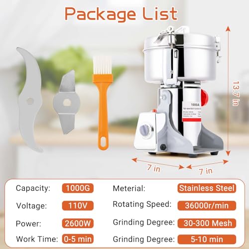 Image of BI-DTOOL Electric Grain Mill Grinder 1000g Stainless Steel Pulverizer 36000r /min High-speed Grain Mill 2600W Dry Material Grinding Machine 270 swingable Superfine powder for Home and Commercial